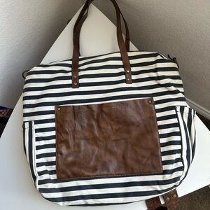Striped Canvas and Leather Diaper Bag Backpack